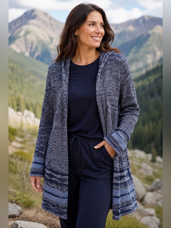 ONE WORLD Sweaters - One World Blue Hooded Open Knit Boho Cardigan Sweater 2X Mountain Boho